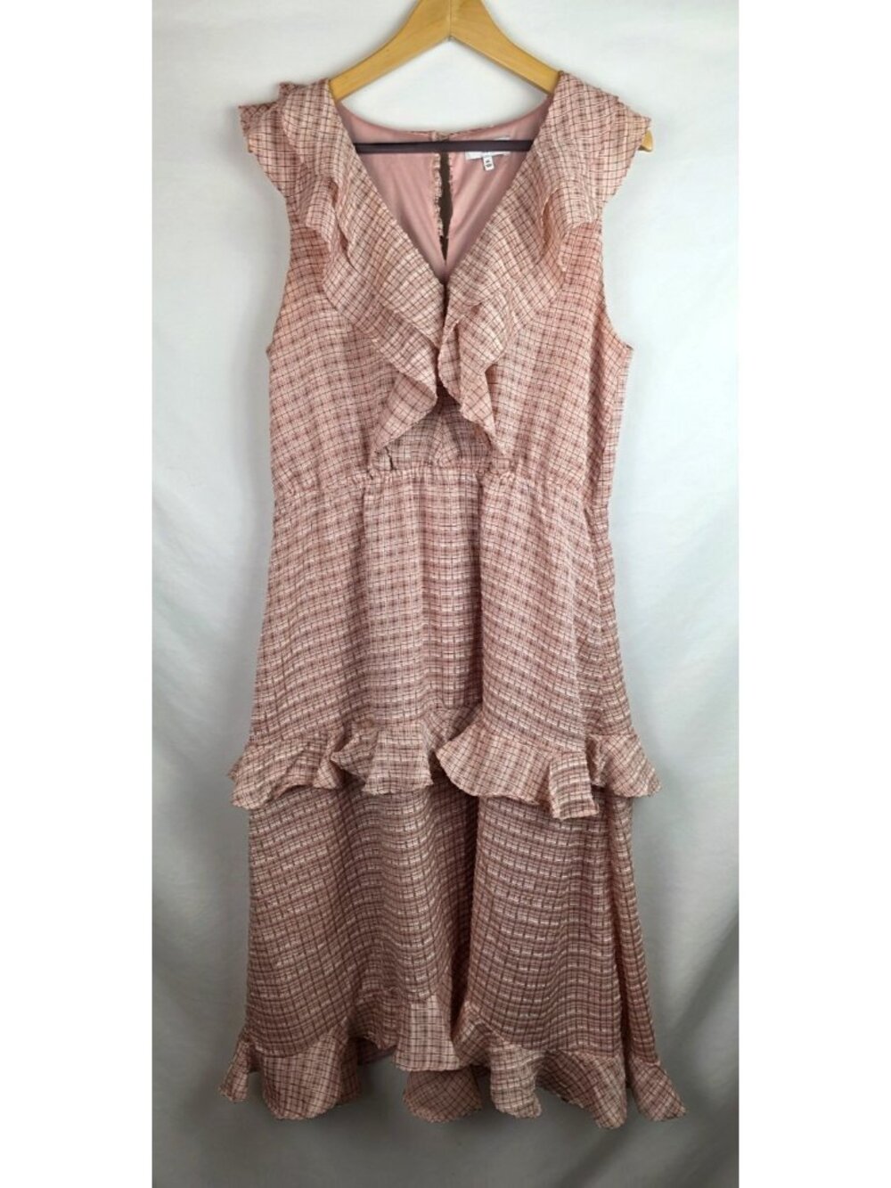 NSR Womens Dress Size XL Pink Plaid Textured Sleeveless Tiered Ruffle